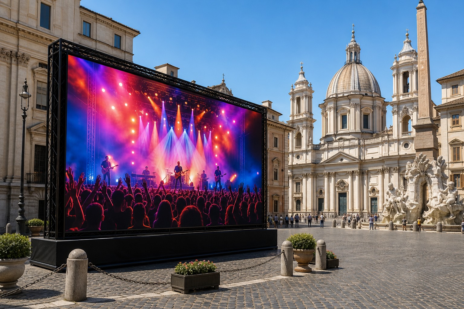 LED wall pubblicitario in un contesto urbano ispirato a Roma.